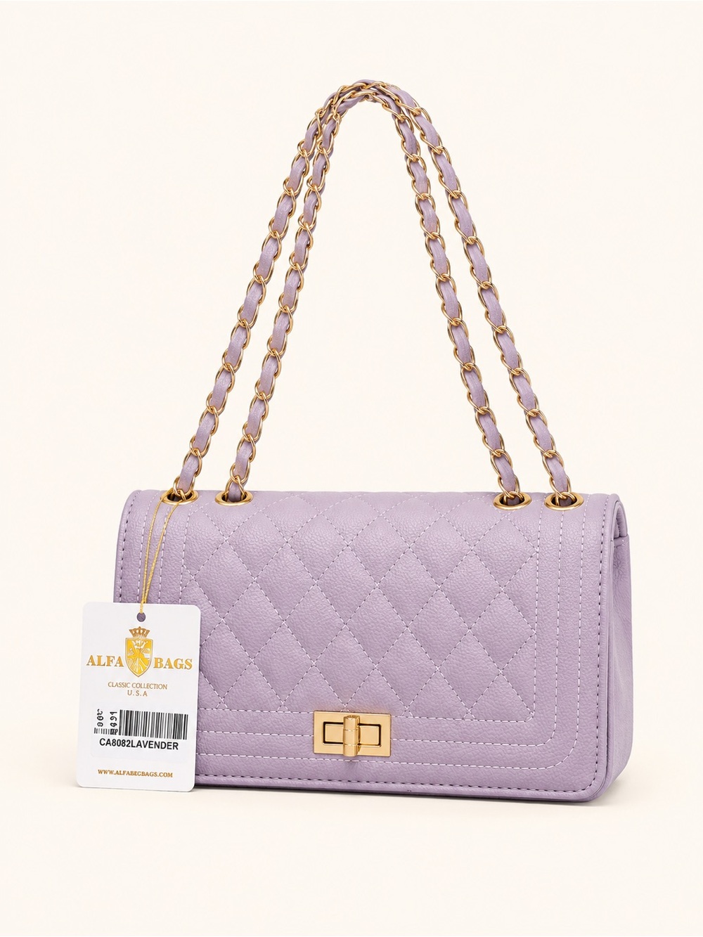 Alfa Bags Lavender Quilted Shoulder Bag with Gold Chain